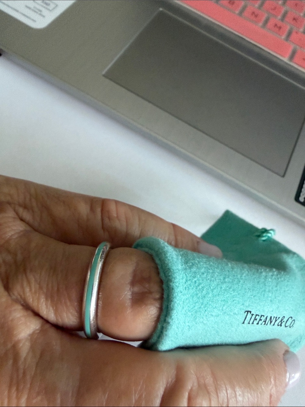 Tiffany & Co sterling Silver enamel ring with Tiffany blue stripe and pouch